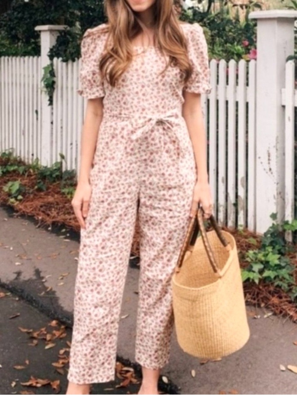 Gal Meets Glam Iris Pink Floral Cotton Puff Sleeve Belted Jumpsuit
